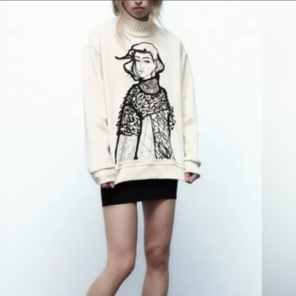 Zara Cream Turtleneck Sweater with Artistic Graphic
